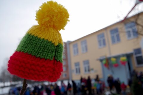 Vasario 16-oji linksmai ir išradingai: vėliavos spalvų šalikas apsivijo gandrą